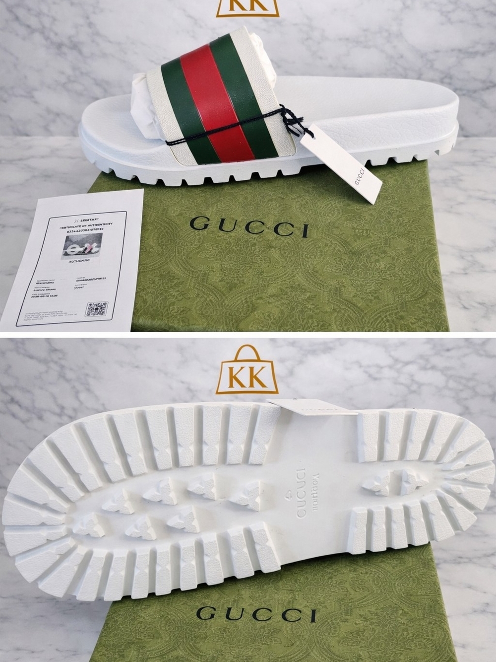 Gucci Mens White Slide Sandals with Green & Red Web Stripe